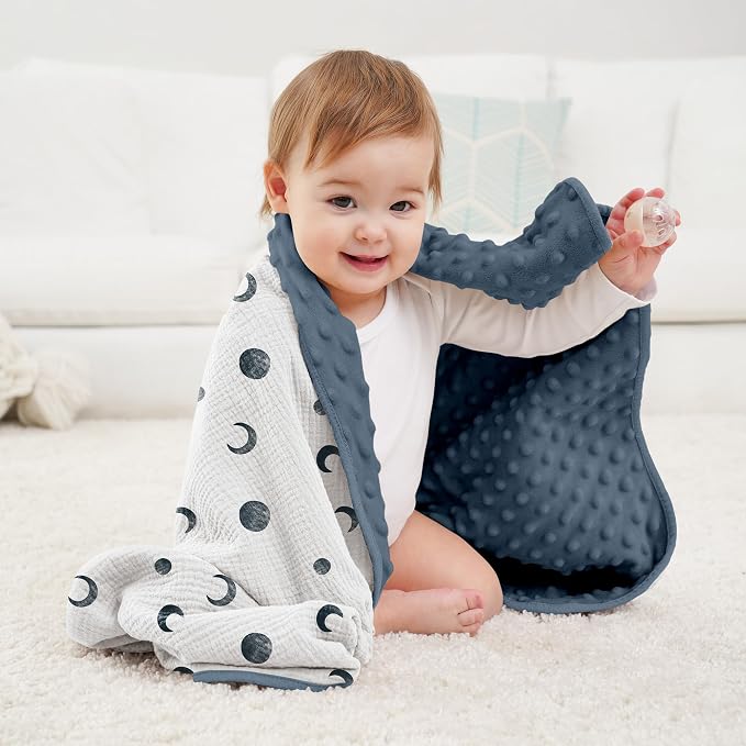 Susurration Baby Blanket for Unisex Boys Girls, 2 Pack Soft Fluffy Crib Blankets with Muslin Cotton Front and Dotted Fleece Back, Receiving Blanket for Baby Newborn Infant, 30x40in, Bluemoon&Navy Blue