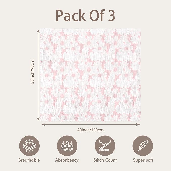 Muslin Swaddle Blankets for Newborn, 3-Pack Cotton Receiving Blankets, Large 40 x 38 inches, Baby Blankets for Boys and Girls, Wrap Burp Cloths, Pink Flower