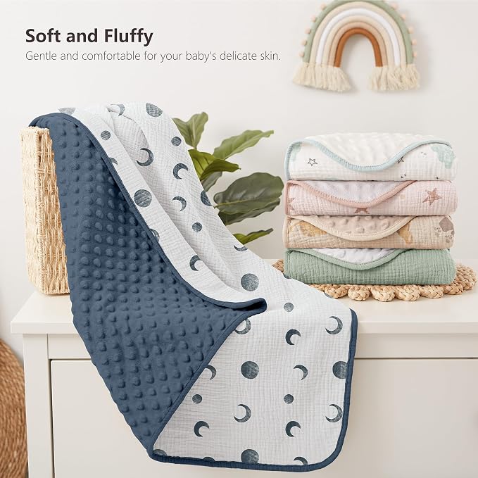 Susurration Baby Blanket for Unisex Boys Girls, 2 Pack Soft Fluffy Crib Blankets with Muslin Cotton Front and Dotted Fleece Back, Receiving Blanket for Baby Newborn Infant, 30x40in, Bluemoon&Navy Blue