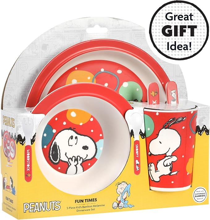 Peanuts Snoopy Fun Times 5-Piece Bamboo Melamine Dinnerware Set For Kids - Red