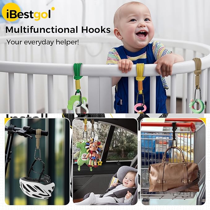 Baby Stroller Hooks, Universal Clips for Diaper and Mommy Bags, Heavy-Duty Hangers with Straps, Practical Stroller Accessory for Moms, Brown-2pc