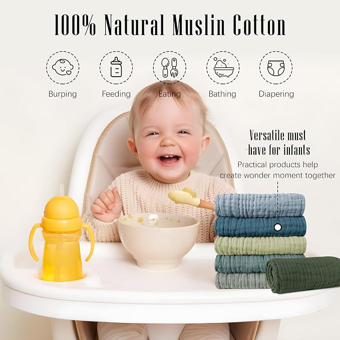 SWEET DOLPHIN 12 Pack Muslin Burp Cloths Large 100% Cotton Burping Clothes for Baby Drool - Absorbent and Soft Boys & Girls Milk Spit Up Rags for Newborn Essentials Registry - Ocean Dip