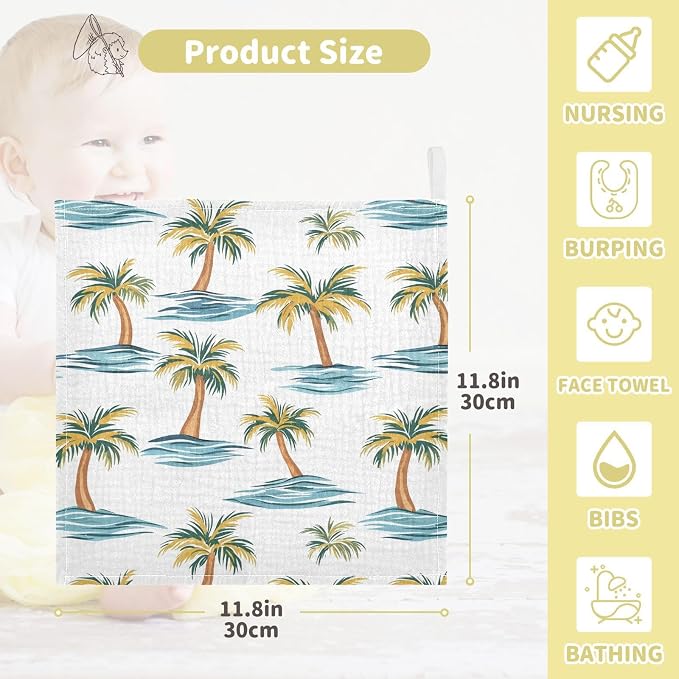vvfelixl Beach Palm Trees Baby Burp Cloths Baby Muslin Washcloths for Boys Girls Cotton Babys Face Towel for Newborn Infants Soft and Absorbent 11.8 X 11.8 in, 5 Pack