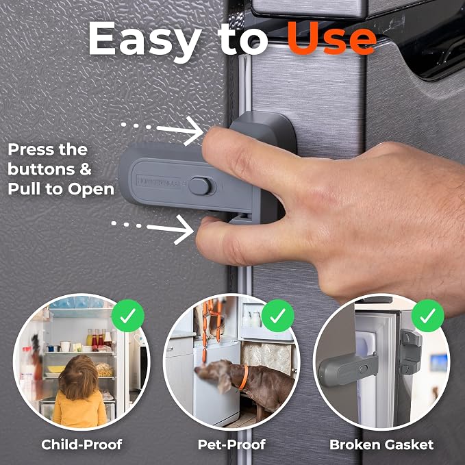 2-Pack Child Proof Fridge Lock with Adhesive - No Tools Required - Refrigerator Lock for Kids - Freezer Latch to Keep Door Closed - for Toddlers, Cats, & Dogs.