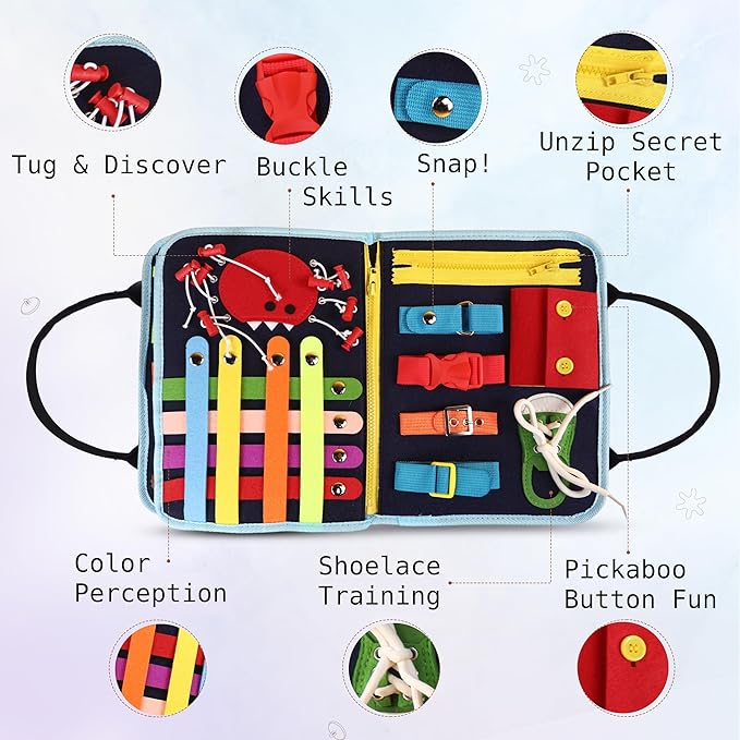 Busy Book for Toddlers - Montessori Busy Board with Sensory Activities for Learning Fine Motor Skills, Travel Toys for Toddlers for Airplane, Car. for Boys and Girls.