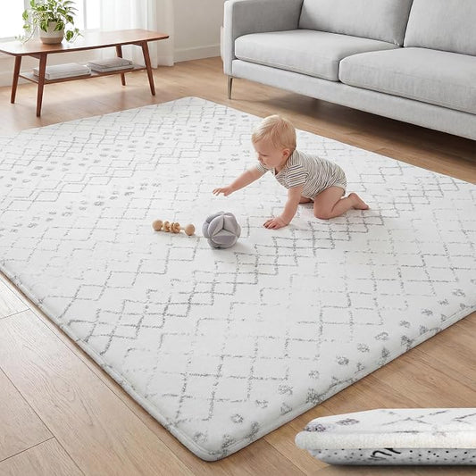Huloo Sleep Baby Play Mat for Floor - 79x59 Inches 1.3" Thick Elasti-Foam Playpen Mat for Toddlers Infant Kids, Water-Repellent Nursery Rug, Non-Slip Backing for Crawling & Tummy Time, Grey Diamond