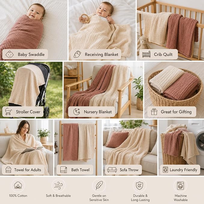 Aablexema Muslin Baby Blanket Set of 2, 6-Layer 43 x 43 Inches Newborn Toddler Bath Towel Swaddle Wrap Blankets for Boys Girls (Beige & Coffee)
