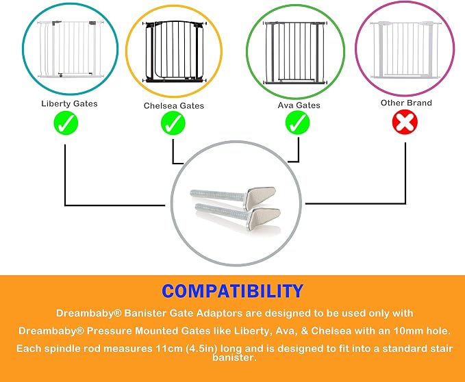 Dreambaby Y-Shaped Spindle Rod Banister Gate Adaptors - for Dreambaby Pressure Mounted Gates - 9.5mm Diameter Size & 4.5inch Length - Silver - 2 Count (Pack of 2) - Model L196
