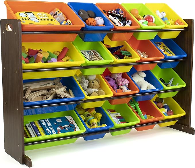 Humble Crew Extra-Large Toy Organizer with 20 Plastic Bins – Dark Walnut/Neon Storage Rack with 4-Tier Shelves, Anti-Tip Safety, for Kids’ Rooms, Playrooms, Nurseries & Classrooms