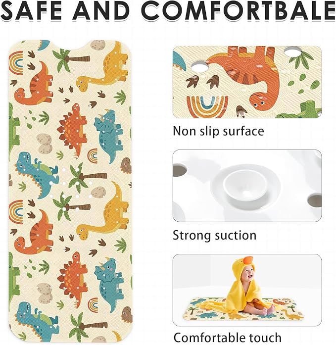Dinosaur Cute Boho Bathtub Shower Mat Cartoon Rainbow Non-Slip Tub Extra Long Bath Floor 40X16 Inch Machine Washable for Bathroom Tub Bath Mat for Toddler and Baby