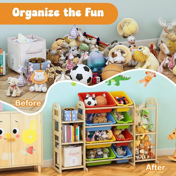 Toy Storage Organizer, Toy Organizers and Storage with Stuffed Animal Storage, Kids Toy Storage Shelf with 3 Shelves 8 Storage Bins, Kids Bookshelf, Toy Holder for Playrooms, Bedrooms, Multi Color