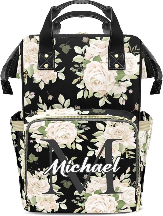 Custom Diaper Change Backpack, Large Capacity Floral Baby Bag, Personalized Multifunction Mommy Backpack With Insulated Pockets, For Boys & Girls