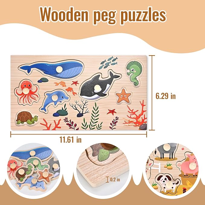 Wooden Peg Puzzles for Toddlers 1-3, Montessori Puzzles, Great Preschool Educational Learning Gifts for Girls and Boys