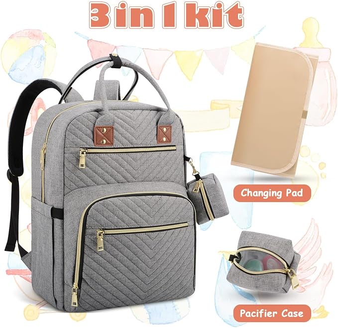 AngLink Baby Diaper Bag Backpack - Newborn Diapers Bags with Changing Pad & Pacifier Case for Boy Girl, Large Capacity Travel Essentials Bebes Backpack Baby Registry Search Gift for Mom Dad丨Gray