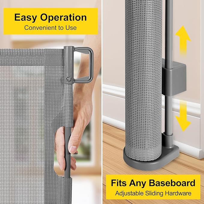 Reinforced 42??Extra Tall Pet Gate for Doorways, Extends up to 60??Wide, Extra Tall Retractable Baby Gates with Rods to Prevent Crawling Through Retractable Mesh Dog Gate Indoor Outdoor, Gray