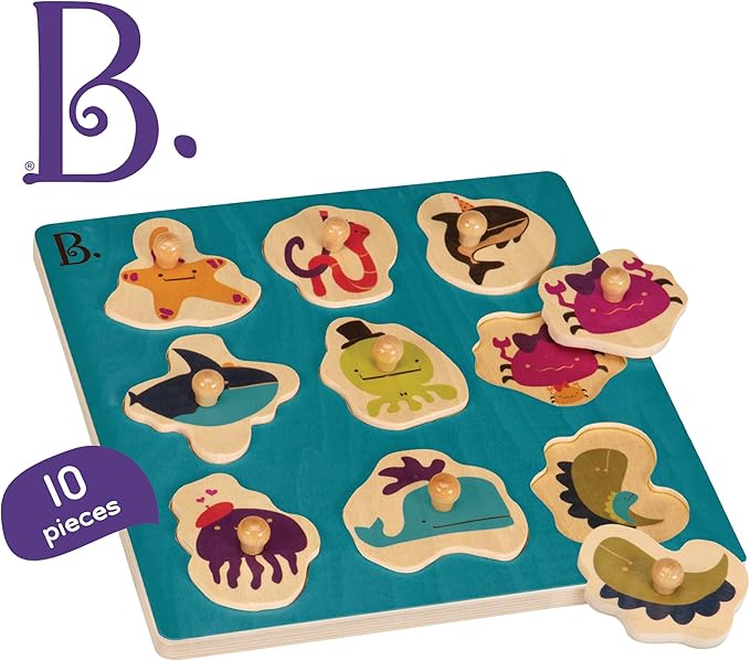 B. toys - Hide n' Sea - Wooden Peg Puzzle - Educational Puzzle - 9 Sea Animal-Pieces - Wooden Toy for Toddlers, Kids - 18 Months +