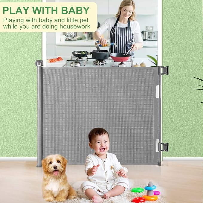 Retractable Baby Gate, Extra Wide Safety Kids or Pets Gate, 33” Tall, Extends to 55” Wide, Mesh Safety Dog Gate for Stairs, Indoor, Outdoor, Doorways, Hallways(33”x55”- Grey)