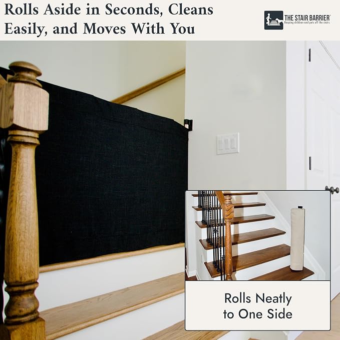 The Stair Barrier First Fabric Wall to Banister Baby Gate for Stairs 43”–52” Wide x 32” Tall – Dog Gate for Stairs, for Top or Bottom Staircase, Machine-Washable, Climb Proof, Designed in USA – Black