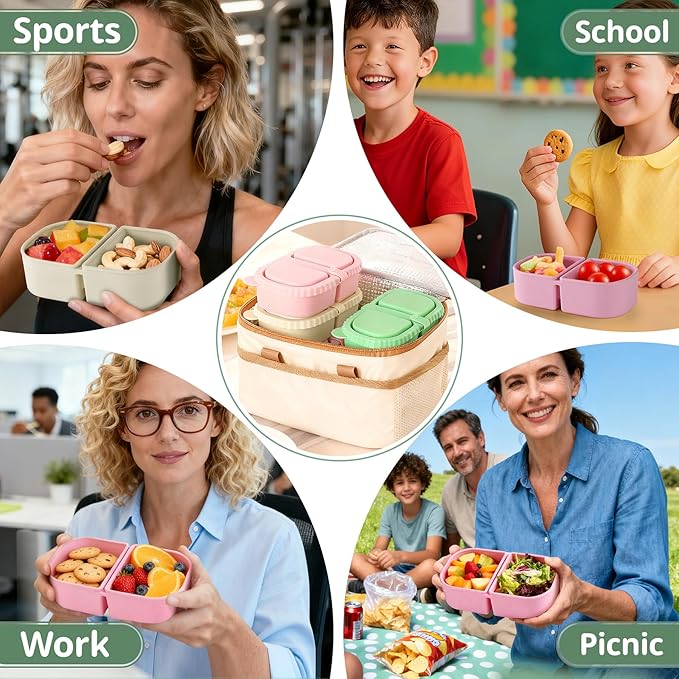3 Pack Silicone Reusable Snack Containers with Lids - 8 Oz Double Compartment Snackle Box for Kids & Adults, Leakproof Small Divided Dipping Sauce Cup for School, Office, Picnic
