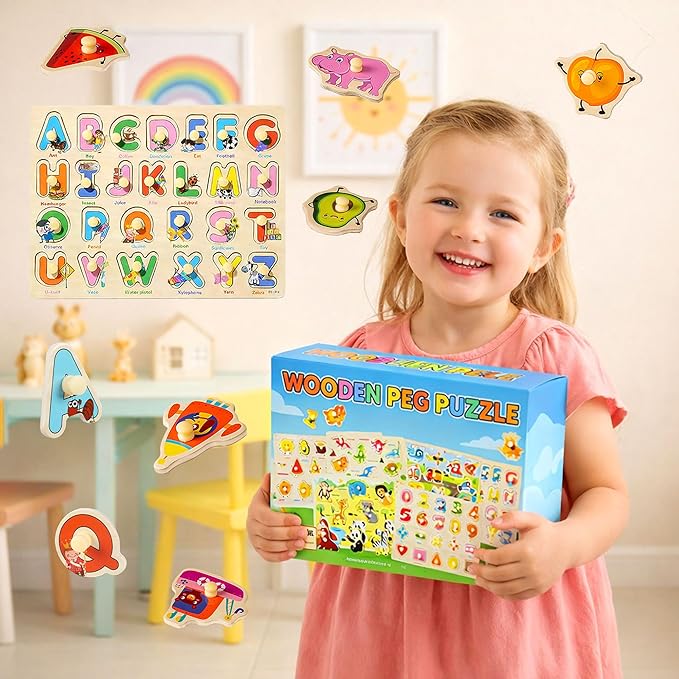 Wooden Peg Puzzles for Toddlers 1-3 – 6 Pack Toddler Puzzles, Preschool Educational Learning Puzzle Toys for Kids, Alphabet, Number, Shapes, Christmas Birthday Gifts for Boys, Girls