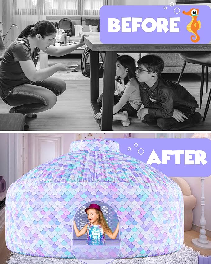 Skywin Mermaid Magic Fort Air Tent for Kids with Door (77??x 50?? Builds in 30 Seconds, Toddler Tents Indoor for Imaginative Play, Kids Forts Indoor Playhouse, Christmas/Birthday Gift (Fan Not Incl)