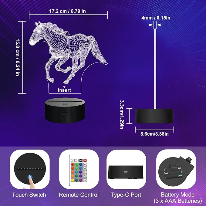 Attivolife Horse Night Light for Kids, 3D Illusion Optical LED Lamp with Remote Control +16 Color Changing, Animal Room Decor Bedside Lamp, Unique Birthday Gifts for Horse Lovers Girls Women