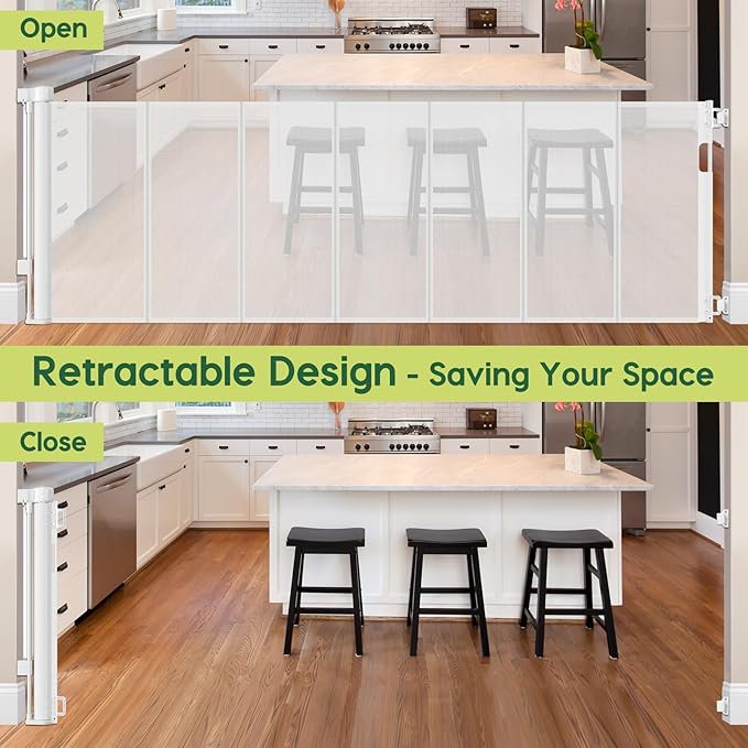 Reinforced 80 Inch Extra Wide Retractable Baby Gate with Support Rods, Indoor/Outdoor Retractable Pet Gates for Wide Openings, 33??Tall Mesh Dog Gate Indoor Extra Long Baby Gates for Decks, White