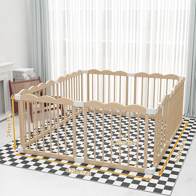 Baby Playpen, Wooden Playpen for Babies and Toddlers, Large Adjustable Wooden Baby Playard with Locking Gate, Easy to Assemble, Portable Play Pen, Infant Play Pen Play Area(47x62x24 Inch)