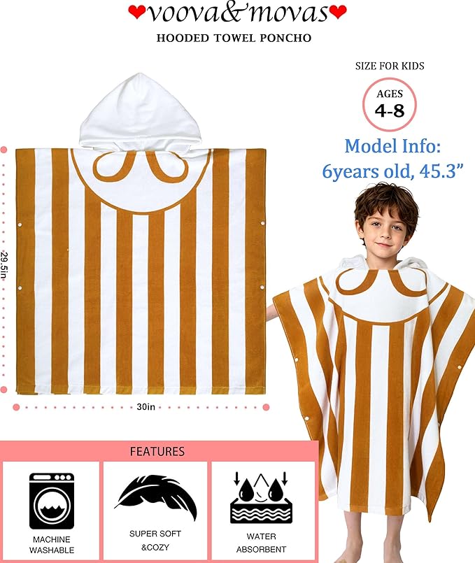 VOOVA & MOVAS Hooded Poncho Towel for Kids (4-8 Years,30"X30") | Soft Absorbent Cotton Towel Robe for Boys & Girls | Versatile Beach, Pool, Swim & Bath Cover-Up | Brown Stripe