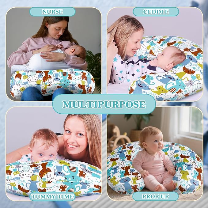 Nursing Pillow - Breastfeeding Pillow with Breathable Filling & Removable Cover, Ergonomic Support for Breastfeeding & Bottle (Blue Cat,0-12 Months)