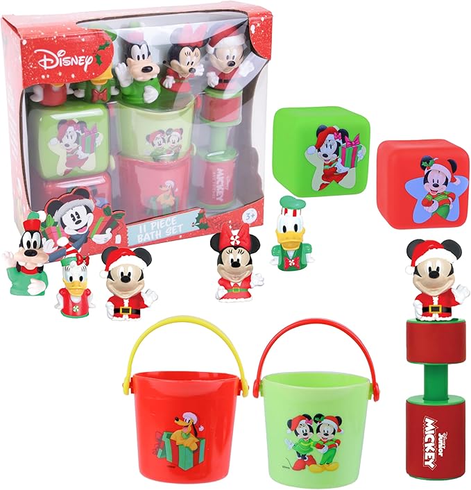 Disney Holiday Mickey and Friends Bath Toys - 11 pc Bath Value Set, Bath Toys, Finger Puppets, Rinse Cups, Foam Pump, Bath squirters