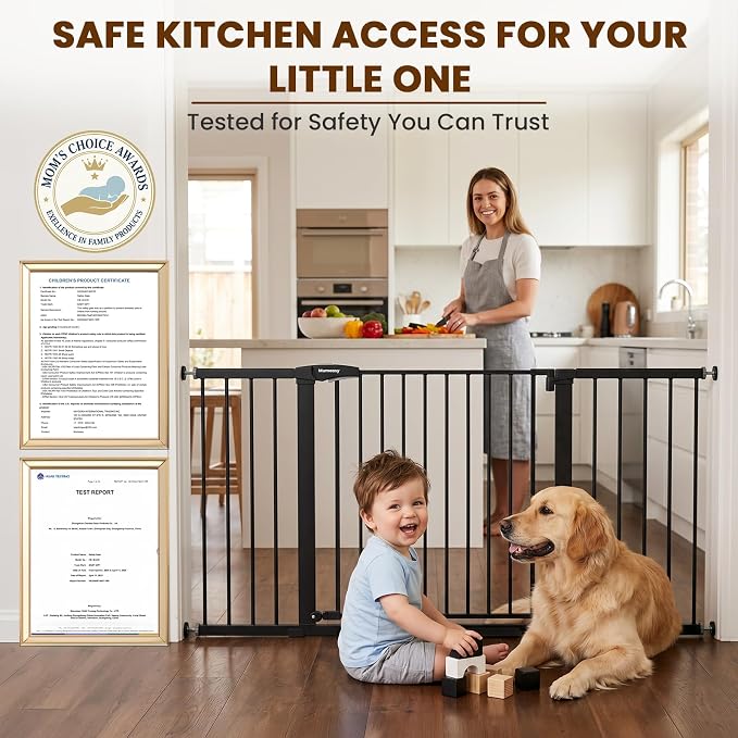 Mumeasy Extra Wide Baby Gate for Doorways, 36-63" Walk Thru Dog Gate with Auto Close Dual Swing for Stairs & Hallways, Easy Install Pressure Mounted Child Safety Gate for Toddlers & Pets Indoor, Black
