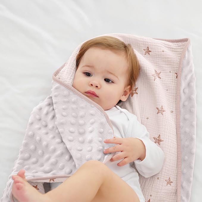 Susurration Baby Blanket for Unisex Boys Girls, 2 Pack Soft Fluffy Crib Blankets with Muslin Cotton Front and Dotted Fleece Back, Receiving Blanket for Baby Newborn Infant, 30x40inch, Pink Star&Sand