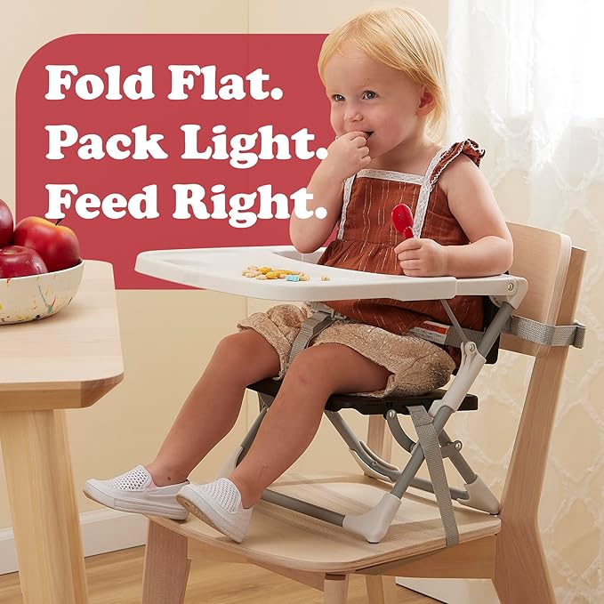 PrimoBaby SproutSeat Booster Seat for Kitchen Chair - Portable Folding Design, Travel Baby Beach Essentials, with 3-Point Safety Harness, Adjustable Tray, Dishwasher Safe Tray, Baby Floor Seat