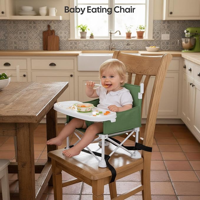 Cochildor 4-in-1 Portable Baby Chair, Foldable Toddler Booster Seat with Removable Tray, Canopy & Safety Harness, Green