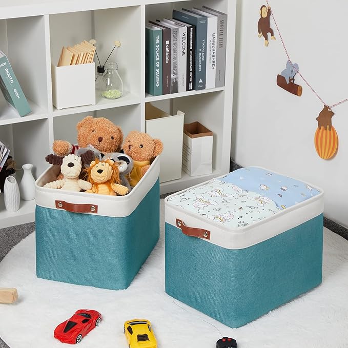 HNZIGE Extra Large Fabric Storage Bin Baskets for Organizing Shelves [2 Pack] Storage Baskets for Closet 16" X 11.8" X 11.8" Rectangular Storage Basket Bin for Organization Living Room(Teal&White)