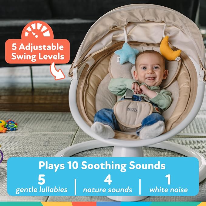 Nuby Baby Swing with Canopy and Remote - 5-Level Infant Swing with Soothing Sounds and Mobile App Control - 0-9 Months - Tan