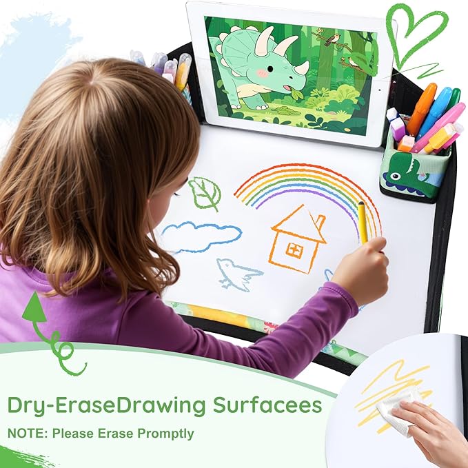 Kids Travel Tray, Kids Travel Trays for Car Seat, Road Trip Essentials for Toddler, Carseat Lap Tray with Dry Erase Board & Storage Organizer for Road Trip Activities for Kid, Green