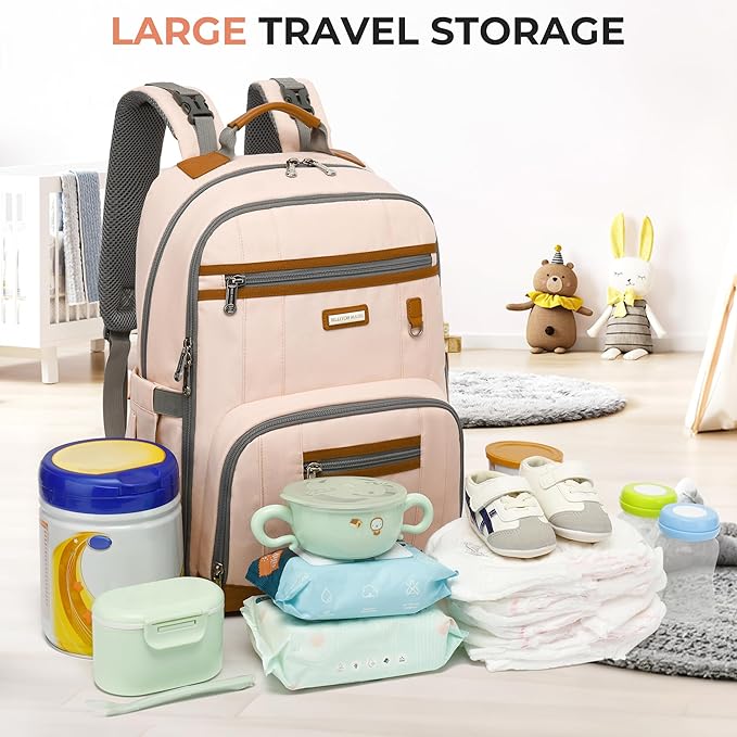 Diaper Bag Backpack, Large Baby Nappy Bags with Portable Changing Pad for Boys and GirlsMultifunction Travel Baby Bag for Moms Dads, Shower Gifts Waterproof and Stylish，Pink