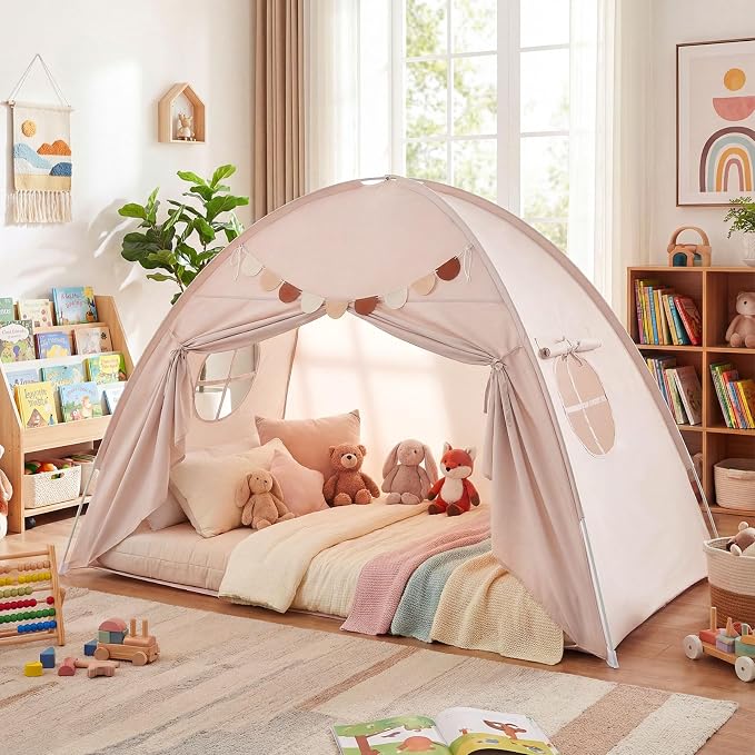 Costzon Toddler Bed Tent, Twin Size Indoor Canopy Tent for Kids w/ 2 Windows, Flag Banner, Brushed Fabric Privacy Playhouse, Portable Play Tent for Bunk Bed, Playroom, Suits 3+ Boys & Girls (Beige)