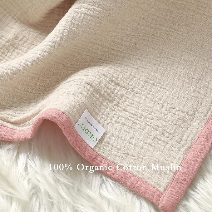 4 Layers Muslin Baby Blankets for Girls,100% Cotton Muslin Toddler Blanket,Crib Blanket,Muslin Swaddle Blankets,Soft and Lightweight Baby Quilt for Boys and Girls 47 * 47" (Pink+Khaki)