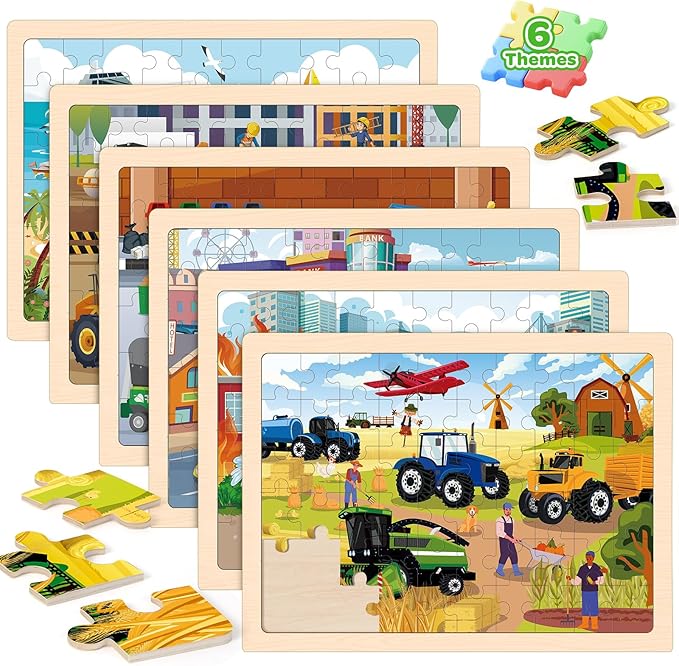 Wooden Puzzles for Kids Age 3 4 5 Year Old, 6 Pack 60 Pcs Toddler Jigsaw Puzzles for Girl Boy Animals Space Activities Preschool Learning Educational Birthday Gift Travel Autistic Wooden Toys