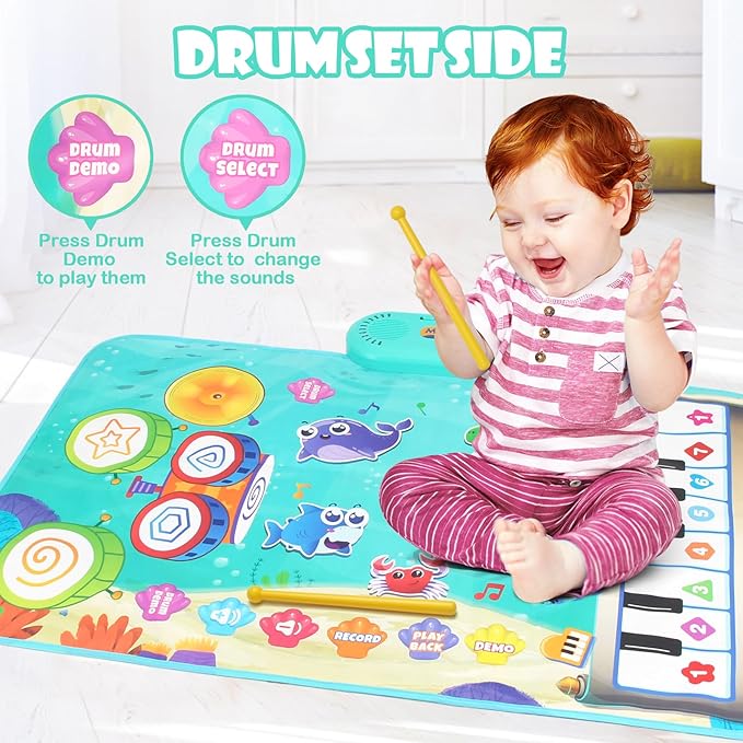 Baby Musical Play Mat,Early Educational 3 in 1 Floor Piano Drum Animal Touch 31.5"*19.6 " Play Blanket Montessori Sensory Musical Learning Toys,Baby Birthday (Sea Pattern)