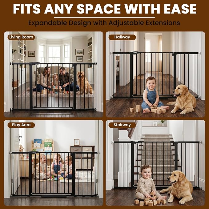 Mumeasy Extra Wide Baby Gate for Doorways, 36-63" Walk Thru Dog Gate with Auto Close Dual Swing for Stairs & Hallways, Easy Install Pressure Mounted Child Safety Gate for Toddlers & Pets Indoor, Black