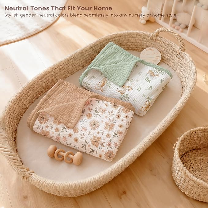 Konssy Muslin Baby Blankets for Girls Boys 47"x47", 100% Cotton Crib Blanket for Infant Toddler, Super Soft and Lightweight Nursery Swaddling Wrap (Flourish)