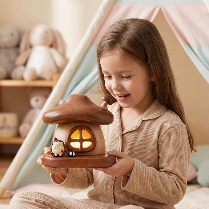 LONRISWAY Cordless Wood Mushroom Lamp, Small Battery Operated Wooden Table Lamp Portable Night Light, 3-Color Touch Control Wireless Stepless Dimming for Bedroom Nightstand for Birthday Gifts