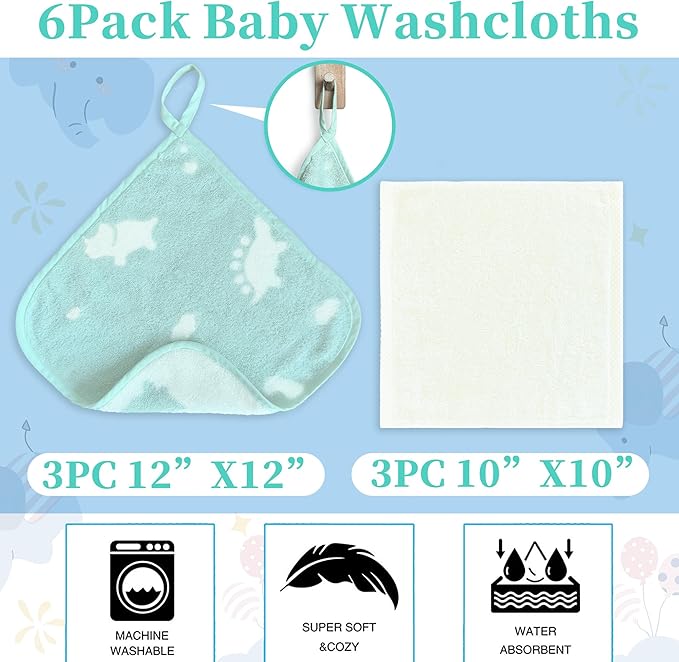 VOOVA & MOVAS Dino & Ivory Ultra-Soft Baby Washcloths ??100% Cotton, Highly Absorbent ??12"x12", 6 Pack ??Newborn Towels ??Baby Essentials ??Perfect Set