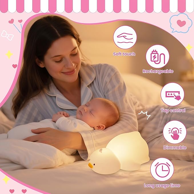 Night Light for Kids, Rechargeable Dimmable Silicone LED Nightlight with 7 Colors, Baby Nursery Night Lamp, Touch Squishy Lamp, Cute Gifts for Girls, Boys, Toddler Room Decor, Lying Duck