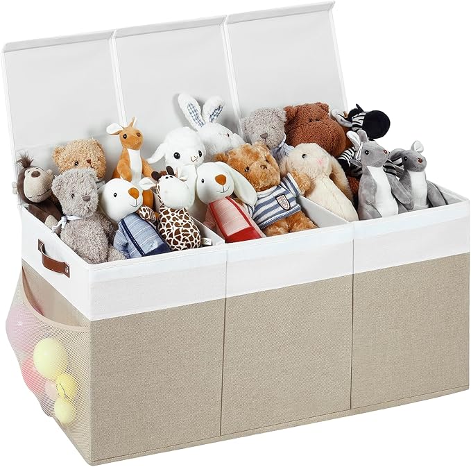 Extra Large Foldable Toy Chest with Lid,Collapsible Kids Toy Storage Box Organizer,Large Fabric Storage Bin for Nursery Playroom Bedroom Living Room,40?�x18?�x14??White & Beige