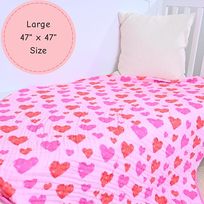 LollyBanks Baby Blanket, 100% Organic Cotton Muslin Quilt for Girls, 47 x 47 Inches Toddler Quilt, Soft and Breathable 6-Layer Newborn Blankets, Crib Bedding Essential (Gemstone Heart Print)